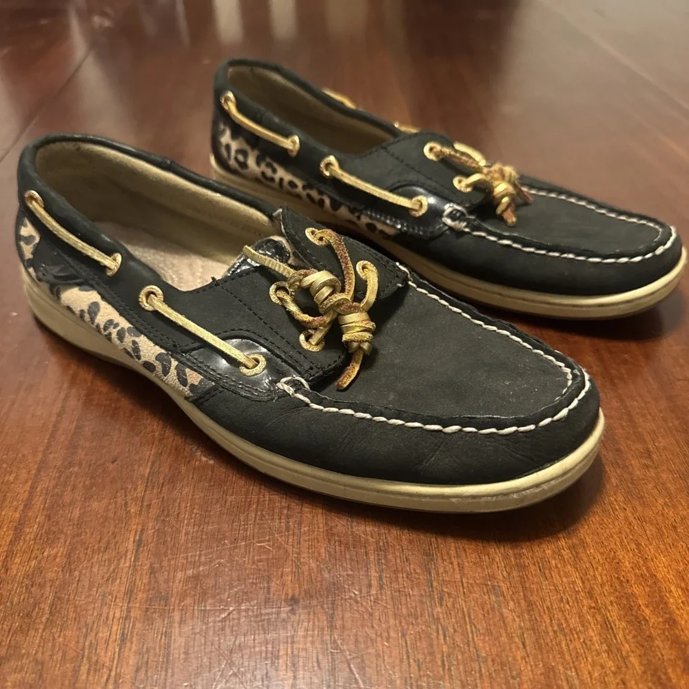 Sperry‎ Top-Sider Men's 9.5M Boat Shoes Leather Black Leopard Print Deck Loafers